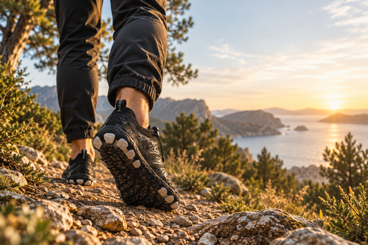 Cotta Barefoot schoenen tijdens een wandeling over een rotsachtig natuurpad