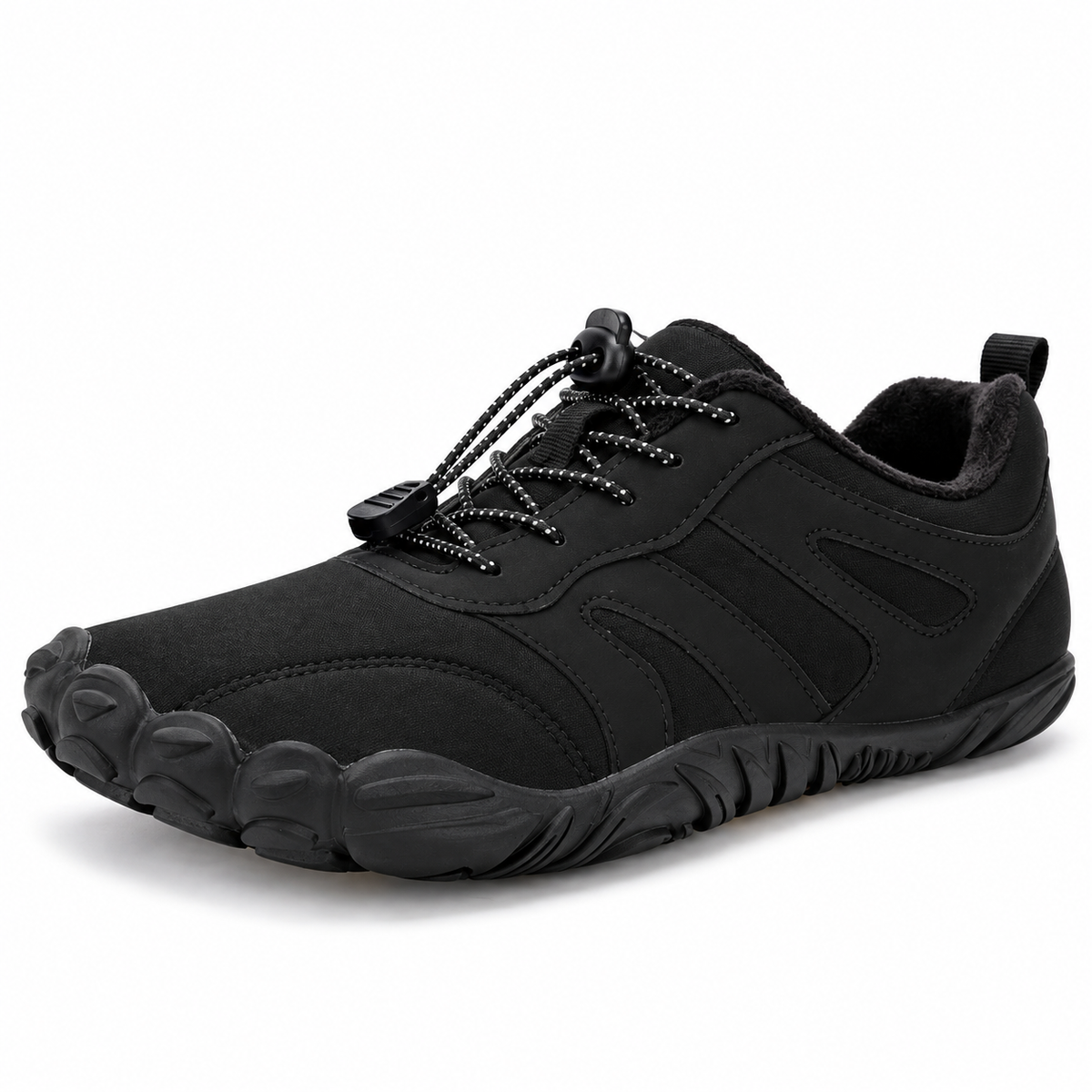 Cotta North Black barefoot schoen in zwart, schuin zijaanzicht met brede teenbox, flexibele zool en snelvetersysteem