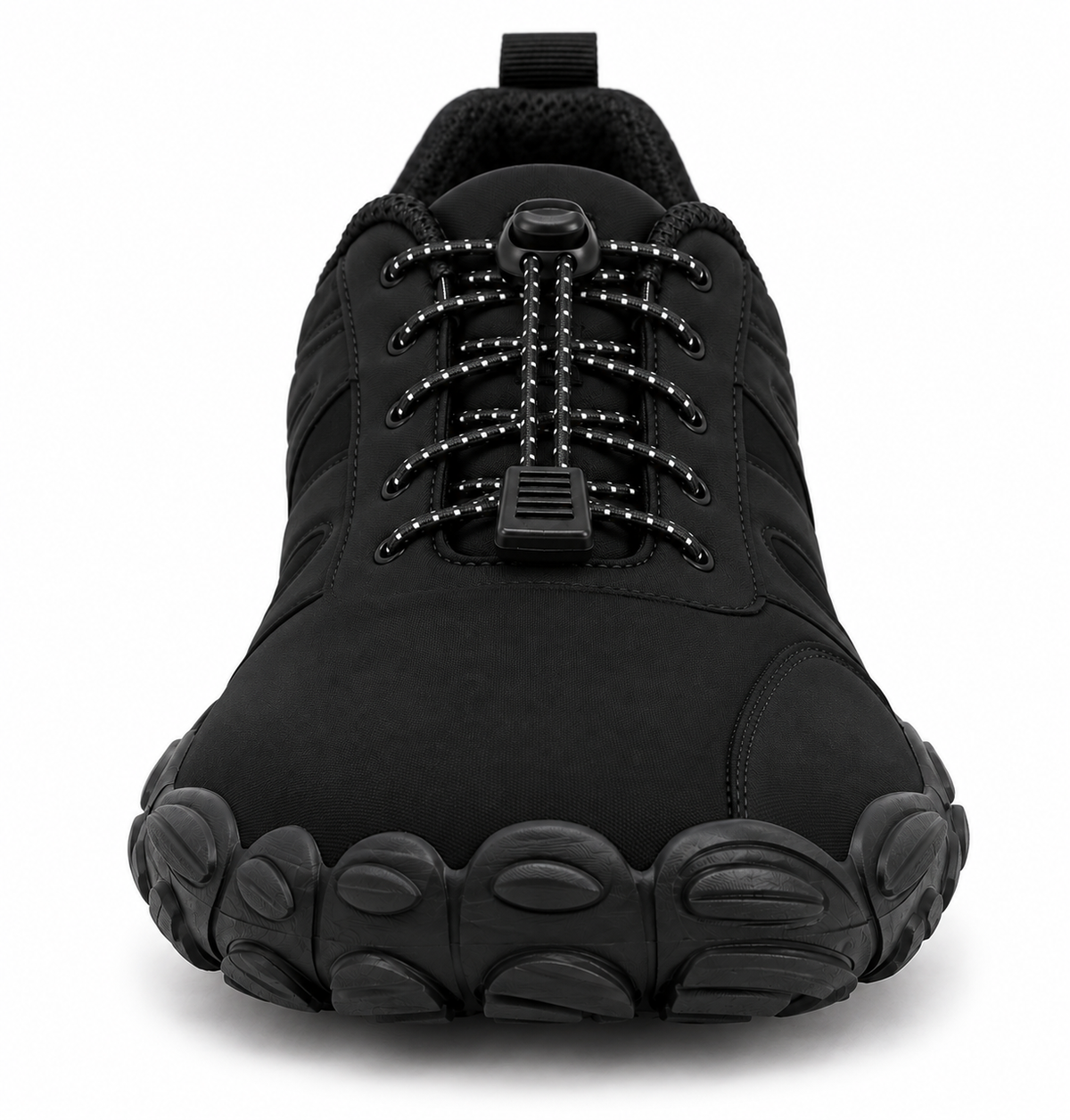 Vooraanzicht van Cotta North Black barefoot schoen met brede teenbox en flexibele rubberen zool