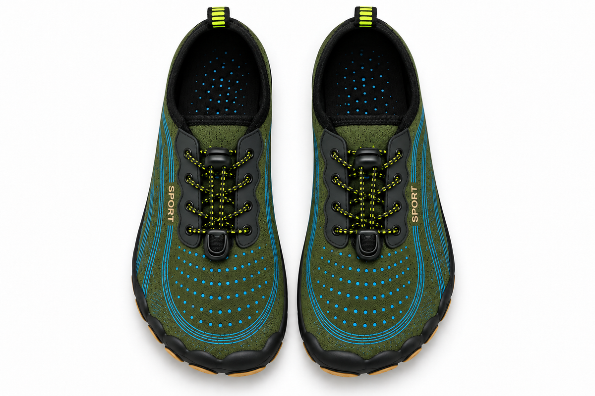 Cotta Terra Green barefoot schoenen – paar bovenaanzicht met brede teenbox en elastische veters
