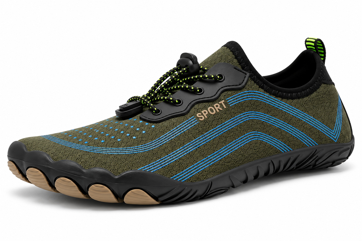Cotta Terra Green barefoot schoen – schuin vooraanzicht met brede teenbox en flexibele zool