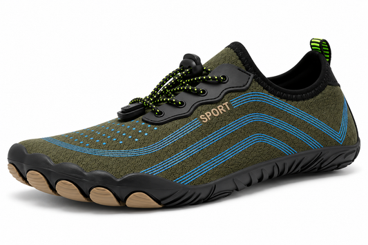 Cotta Terra Green barefoot schoen – schuin vooraanzicht met brede teenbox en flexibele zool
