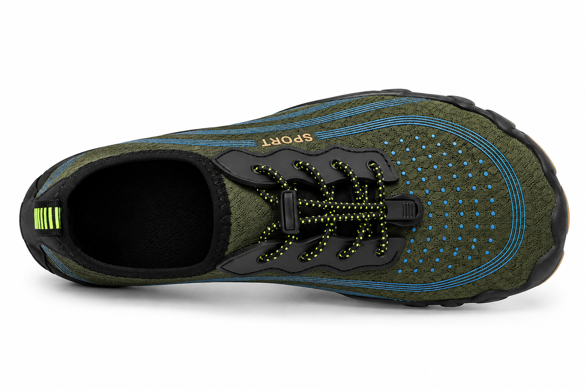 Cotta Terra Green barefoot schoen – bovenaanzicht met brede teenbox en elastische veters