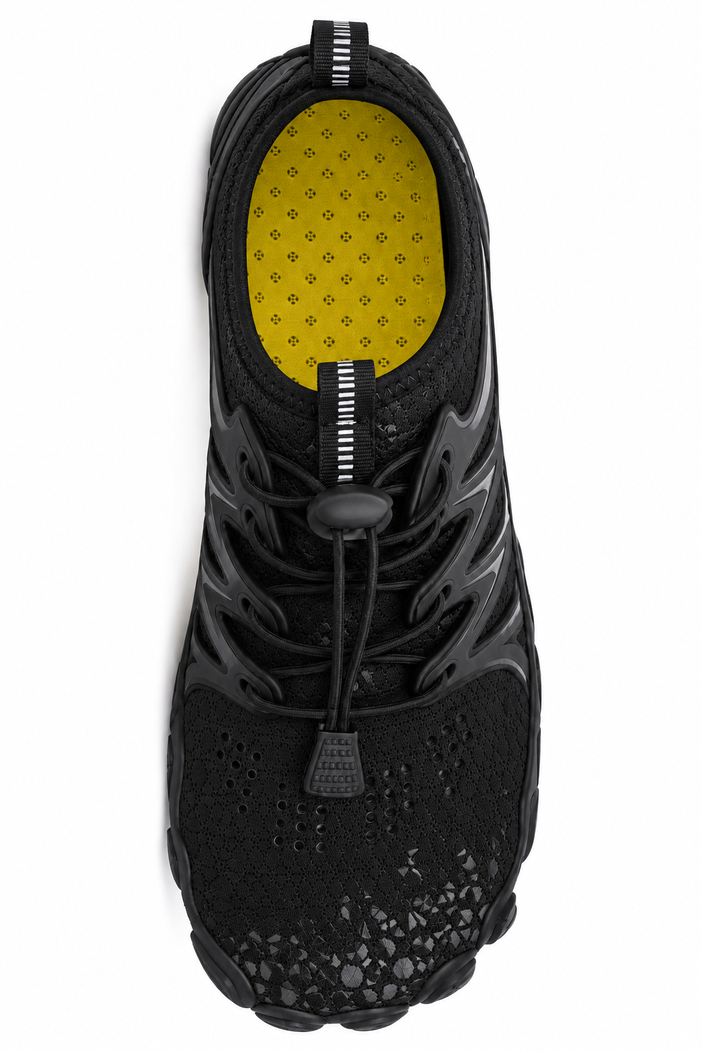 Cotta Trail Charcoal zwarte barefoot schoen – bovenaanzicht met brede teenbox en elastische veters