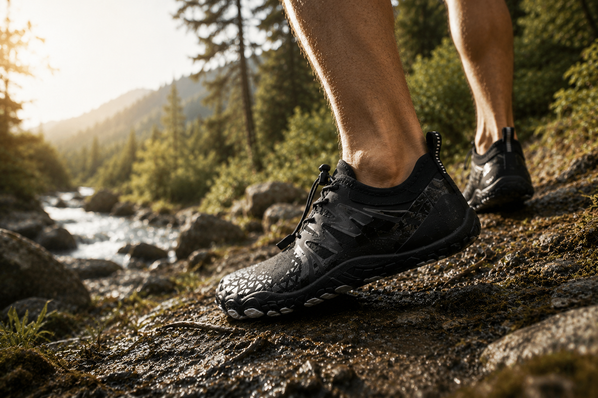 Cotta Trail Charcoal zwarte barefoot schoenen tijdens wandelen op rotsachtig natuurpad langs een rivier